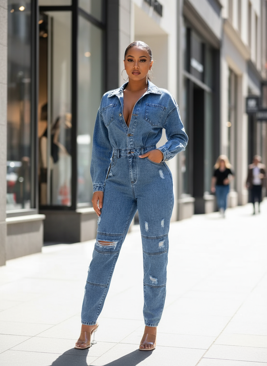 Casual Ripped Denim Jumpsuit
